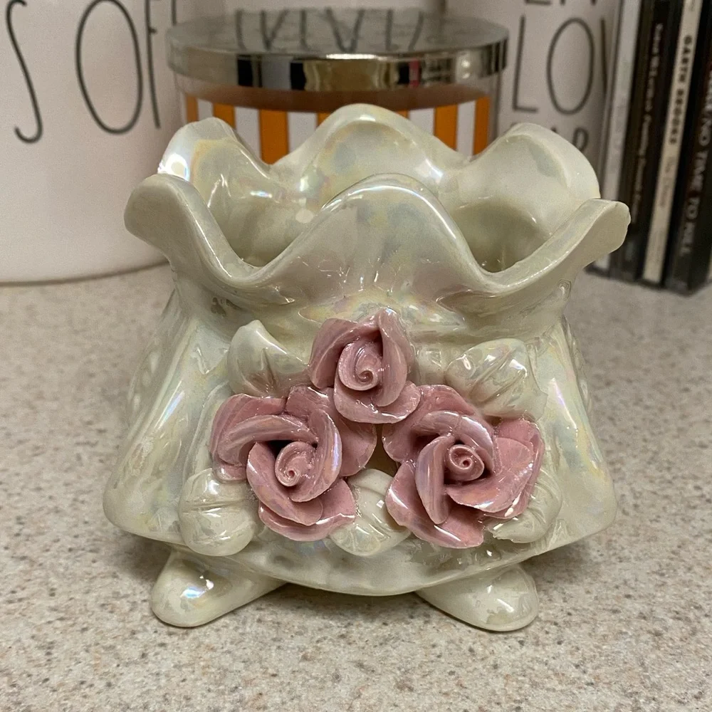 Ceramic Floral Footed Vase | Pink Rose Planter | Iridescent Cream Vase | New